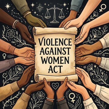 Diverse hands holding a scroll with the text violence against women act, surrounded by symbolic illustrations of justice and equality on dark background