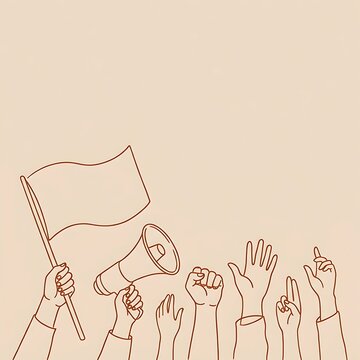 Protest concept with hands holding a flag and a megaphone, line art illustration of people demonstrating for their rights