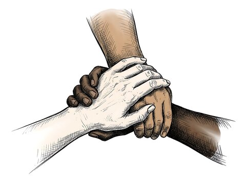 Illustration of three diverse hands of different skin tones stacked together in a symbol of unity, teamwork, cooperation, and community support