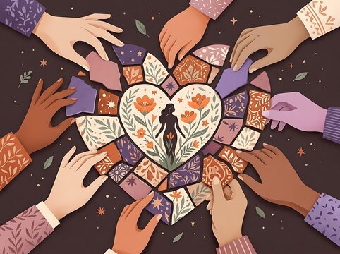 Diverse hands assembling a heartshaped mosaic with a woman silhouette and floral patterns, symbolizing unity, community, and collective healing