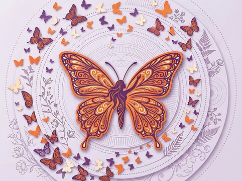 Abstract illustration of a butterfly with a womans silhouette in the center, surrounded by smaller butterflies and floral patterns on a purple background