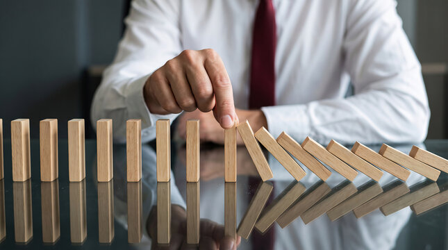 Businessman stopping falling wooden domino blocks from risk strategy