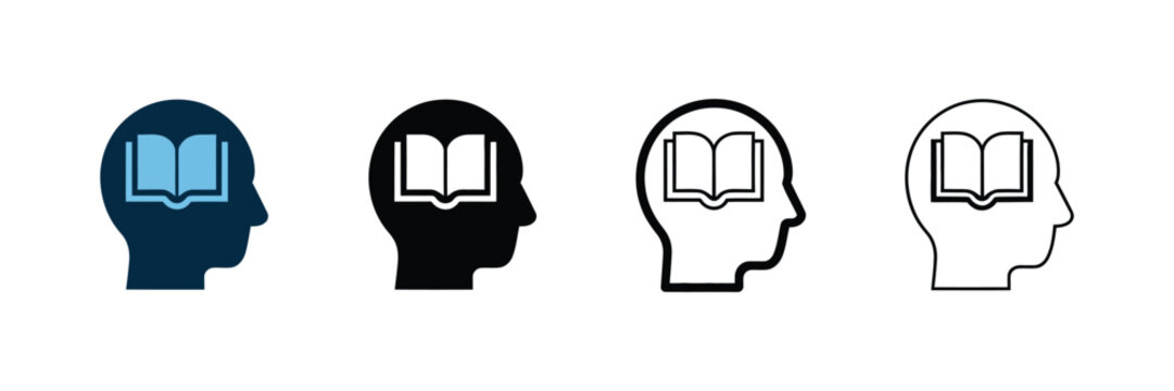 Knowledge and learning in mind icon set. Open book inside a human head silhouette for learning, knowledge sharing, academic research and educational development.