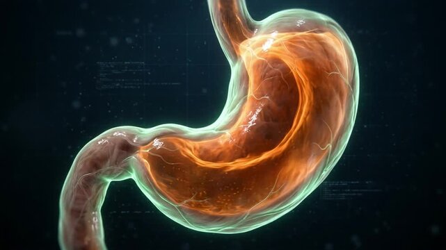 Human stomach model displays glowing digestive fluid churning within internal organ cavity during biological simulation, showcasing physiological processes inside transparent gastrointestinal tract.