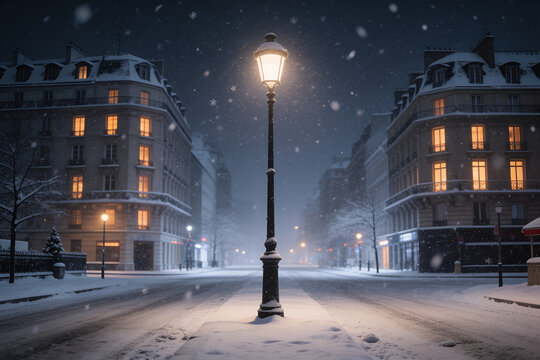Historic Street Lamp Post Glowing on Quiet Snow Covered Parisian Boulevard at Night with Falling Snowflakes Backdrop