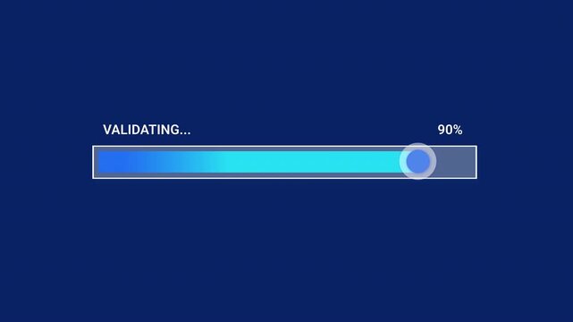 Animated blue and cyan gradient validation progress bar with a translucent glass-style track, thin white outline, and circular progress marker, isolated on a transparent background for video editing, 