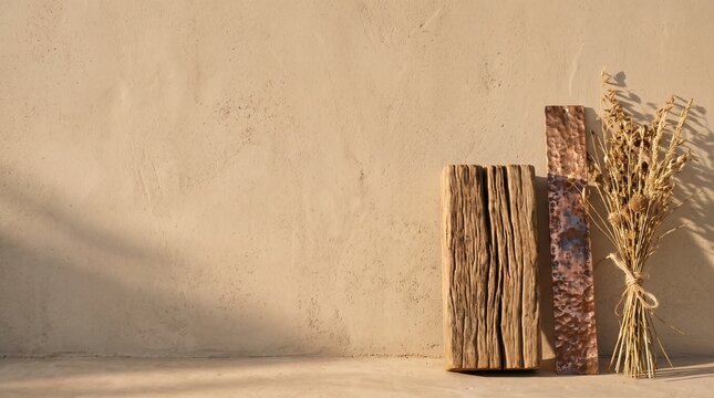 Biophilic design: tactile moodboard banner with expansive negative copy space, reclaimed raw teak wood block, hammered raw copper strip, and dried wild grasses against beige adobe wall in warm golden 
