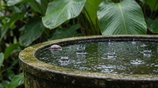 Stone basin with rainwater harvesting system collection amid tropical foliage and gentle rainfall. Sustainable residential water storage tank plumbing utility drought conservation reuse saving
