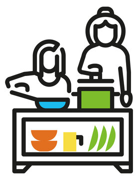 Mother and daughter cooking together. Loving family line icon