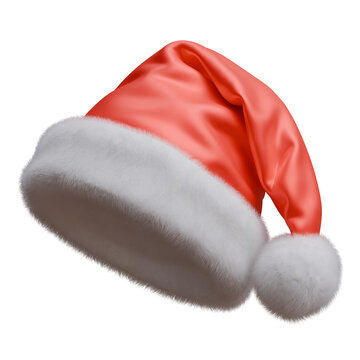 A glossy red Santa hat with fluffy white fur trim, and a round pompom, isolated on white transparent