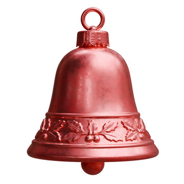 Red Christmas bell ornament with hanging loop isolated on white transparent. Xmas tree decoration