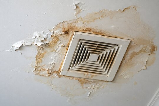 Damaged ceiling with peeling paint around a square ventilation grille. Household maintenance and repair. Water damage, leak and renovation concept. Building inspection and home improvement.