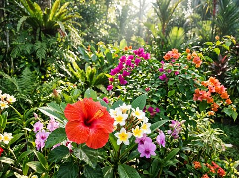 Beautiful vibrant tropical garden with red hibiscus and colorful exotic flowers in lush rainforest greenery