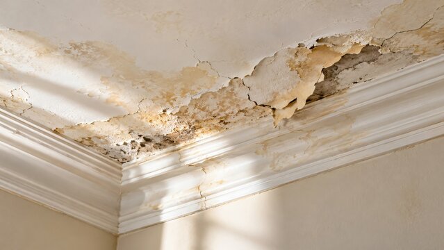 Water damaged ceiling with peeling plaster and exposed surface. Interior building maintenance and repair. Household renovation and property upkeep. Structural deterioration and moisture