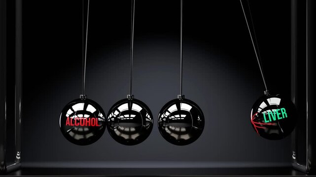 Alcohol damages liver. Step by step liver accumulates harm from alcohol. Elegant Newton cradle metaphor of alcohol destroying liver, cause and effect.