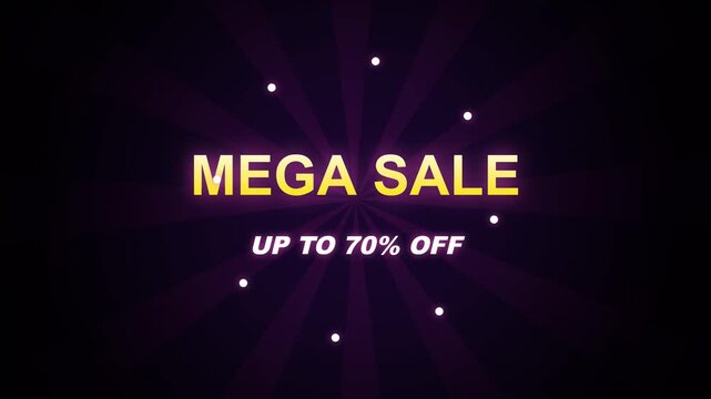 Golden mega sale title with colorful confetti on dark background