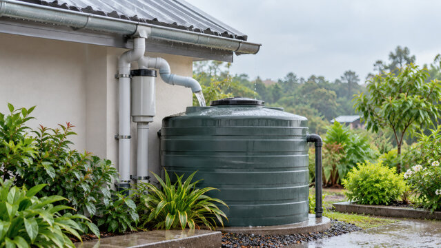 Rainwater harvesting tank collecting water from roof gutter in a garden setting