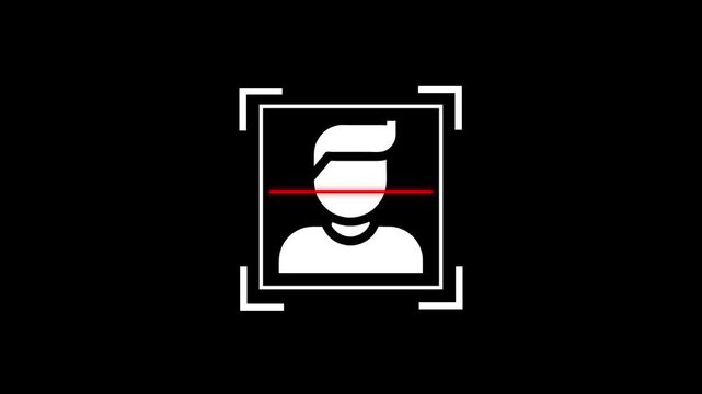 Modern face recognition within a scan frame icon with user profile silhouette on black background. Biometric identification system with futuristic face detection and people identification scanning