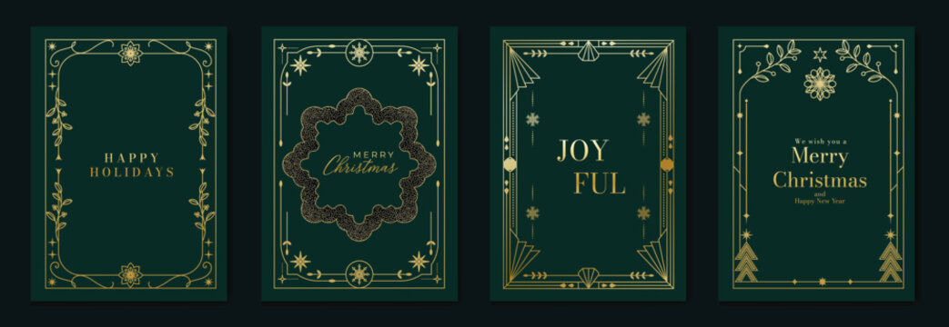 Christmas greeting card templates vector set with gold frames, elegant emerald green backgrounds, geometric holiday borders and festive typography. Luxury winter stationery for seasonal wishes.