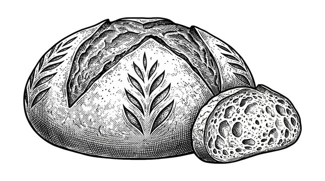 Vintage engraving of artisan sourdough bread loaf and slice