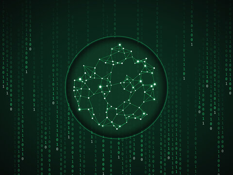 Binary code matrix with glowing neural network inside a circle representing AI and cybersecurity