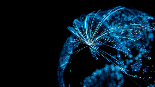 Digital Globe Map showing Asia with Fluorescent Blue Triangular Tiles and Motion Trails from Mumbai. Wireless Network Concept.