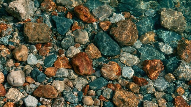 Clear shallow water flowing over multicolored smooth river stones and polished bedrock pebbles top view with sunlight with sunlight