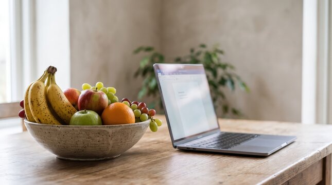 Bowl of assorted fresh fruit beside an open laptop on a wooden table. Healthy eating and remote work concept. Nutrition, wellness and digital technology. Home office lifestyle