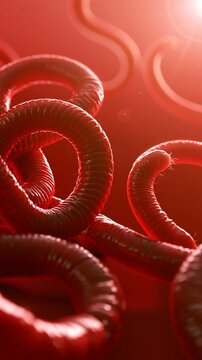 Segmented red worms coiling and crossing in a luminous crimson setting, suggesting parasite biology, infection, and microscopic life