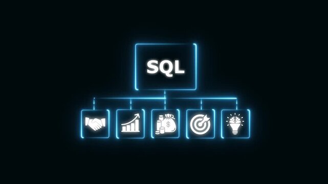 Sql database management system concept with glowing digital icons and data structure