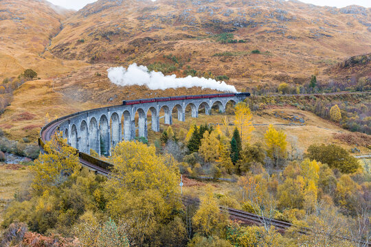UK, Scotland, Highlands, Glenfinnan viaduct with a steam train passing over it