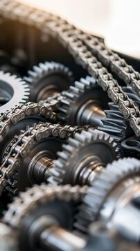 Industrial transmission assembly with steel roller chains winding around interlocking gears for precision mechanical power transfer
