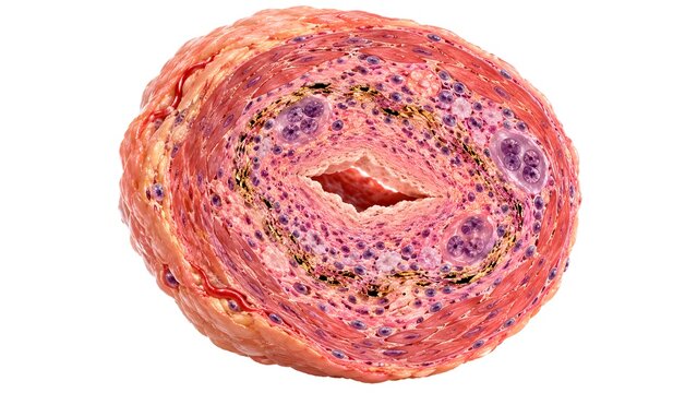 Temporal Artery Giant Cell Arteritis with Multinucleated Giant Cells and Disrupted Internal Elastic Lamina, Microscopic 3D Illustration
