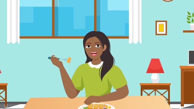 Smiling woman eating delicious food with fork at wooden table inside cozy home living room interior