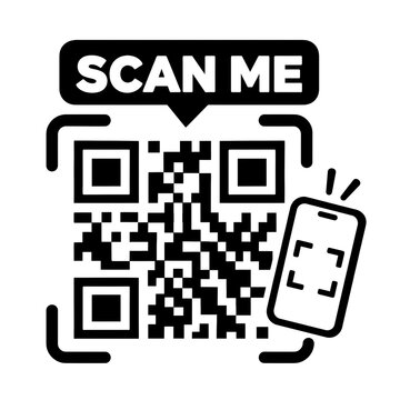 qr code on mobile phone. QR Code Scanning Icon with Smartphone and Scan Me Sign, Contactless Digital Technology Vector Illustration. 