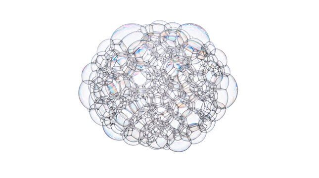 Soap bubble foam cluster isolated on white background, clean water suds texture, transparent liquid soapy sphere macro overlay