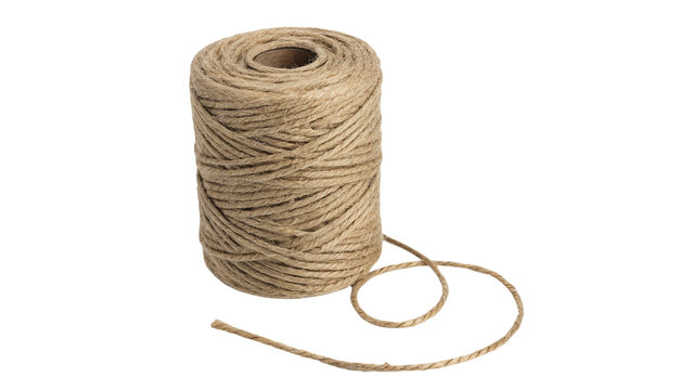 A skein roll of rustic thick brown natural jute rope isolated on transparent background.