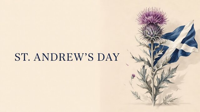 St Andrews Day text with Scottish thistle and national flag on cream background