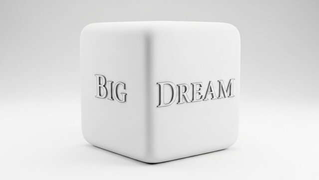 White cube with metallic Big Dream text isolated on transparent background featuring rounded corners and soft studio lighting for minimalist business motivation and success branding or corporate adver