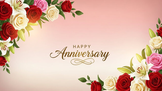 Happy Anniversary text with elegant red white pink roses and lily flowers arranged in corners on a soft gradient background for romantic greeting cards and wedding celebration banner designs