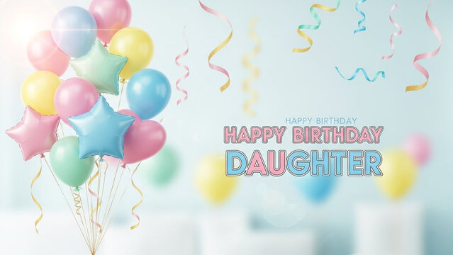 Happy birthday daughter text with colorful balloons and floating ribbons on a soft pastel blue background for a festive celebration greeting card or party invitation banner layout