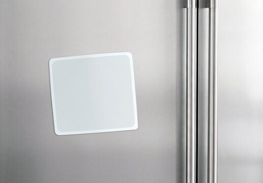 Blank squared sticker mockup on refrigerator door. Generative ai