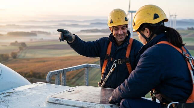 Two smiling wind turbine technicians in safety gear working on top of a generator at sunrise, pointing towards the scenic rural landscape