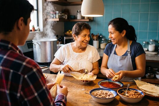Multi-generational Hispanic family smiling and making traditional tamales together in a warm kitchen with a steaming pot in the background