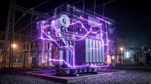 Futuristic smart grid transformer with glowing digital data connections in a power substation