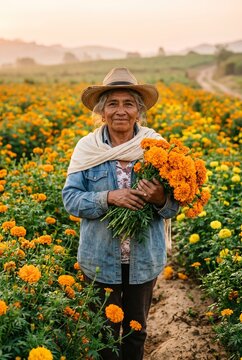 Smiling senior Mexican woman farmer holding a bouquet of orange cempasuchil marigold flowers in a blooming field at sunset, celebrating Dia de Muertos tradition