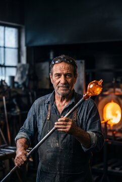 Portrait of a skilled senior glassblower holding a blowpipe with glowing molten glass in a traditional dark workshop with a fiery furnace in the background