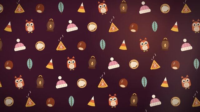 Thanksgiving patter Seamless autumn pattern of cute owls, pine cones, knitted beanies, candy corn, pizza slices, lanterns and leaves on a dark burgundy background, ideal for Thanksgiving and fall desi