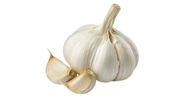 Whole organic garlic bulb with separated fresh garlic clove spice isolated on transparent background.
