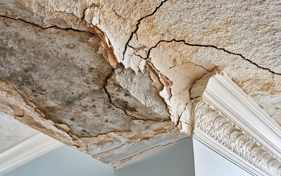 Damaged ceiling with peeling plaster mold spots and large crack in corner